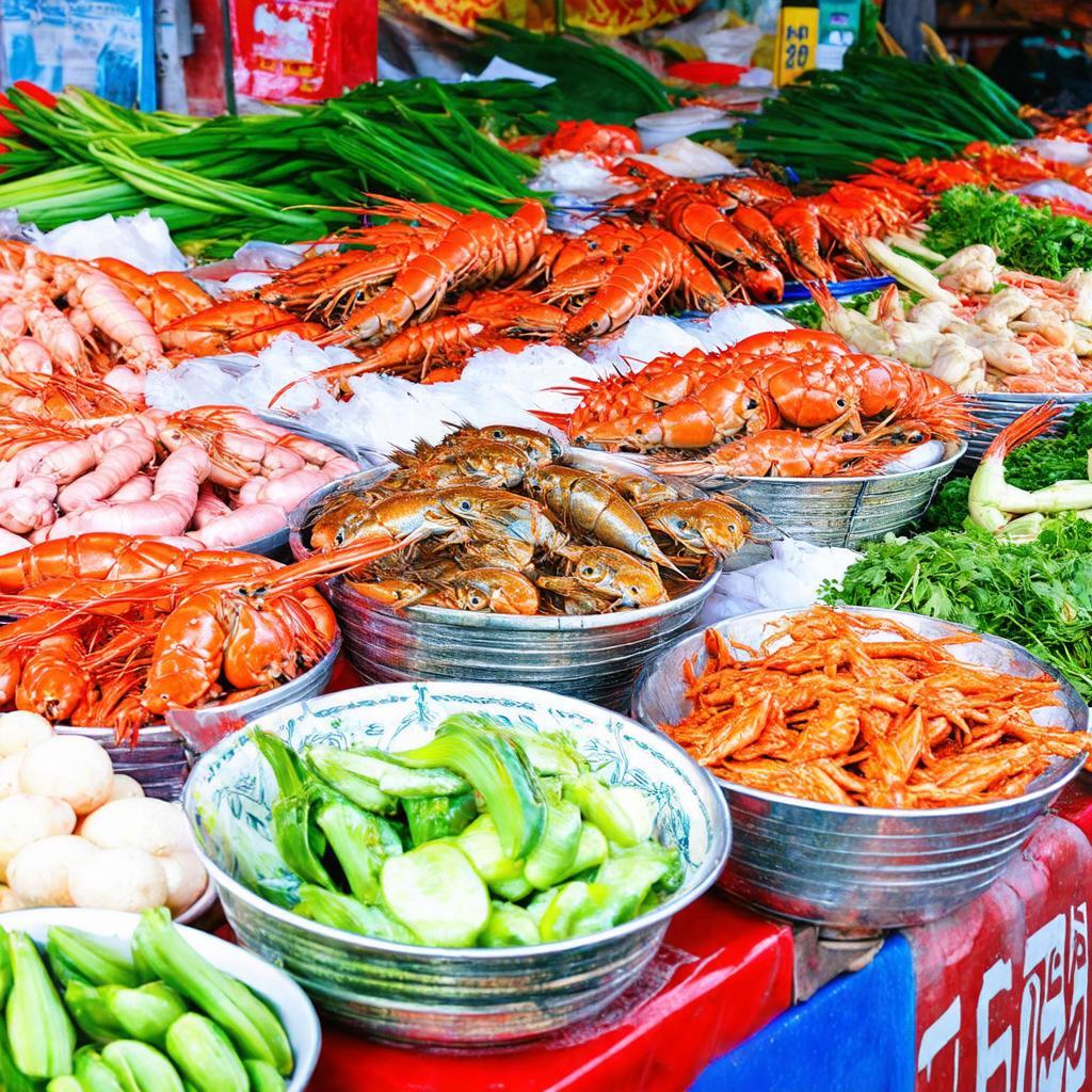 Các loại đặc sản và thực phẩm tươi sống bày bán tại Chợ Quán Bành đường Nguyễn Trãi Nghi Phú